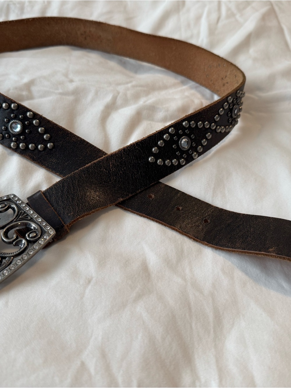 Women’s Brown Studded Leather Belt with Decorative Silver-Tone Buckle